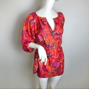 Lauren Ralph Lauren Pink and Orange Paisley Tie-Waist Blouse